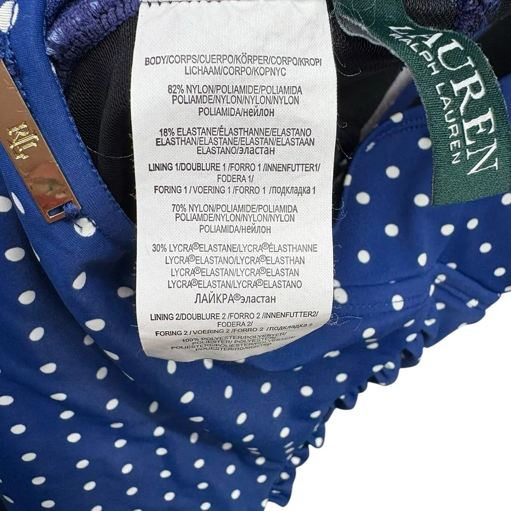 Lauren Ralph Lauren Womens Swimsuit 8 Blue Polka Dot One Piece Halter Ruched
